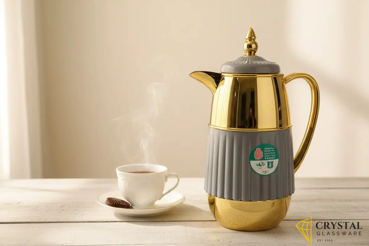 Vacuum flask features a distinctive gold-plated upper body and a pleated grey lower base — Crystal Glassware Pakistan
